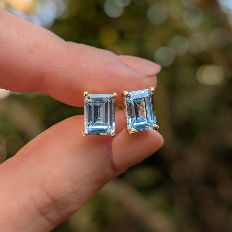 The Audette - Emerald Cut Aquamarine Stud Earrings Earrings Handmade Handcrafted