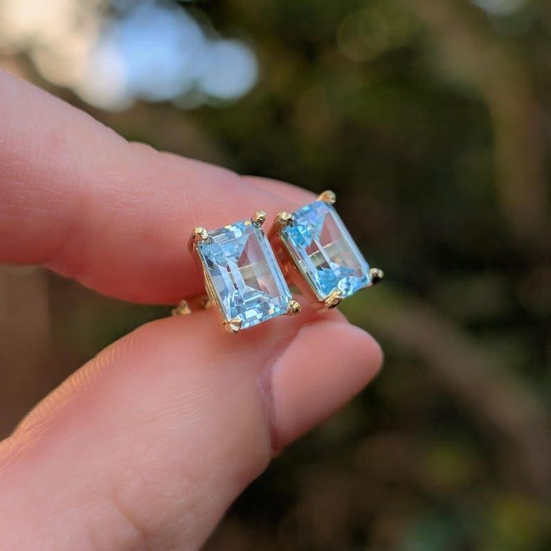 The Audette - Emerald Cut Aquamarine Stud Earrings Earrings Handmade Handcrafted