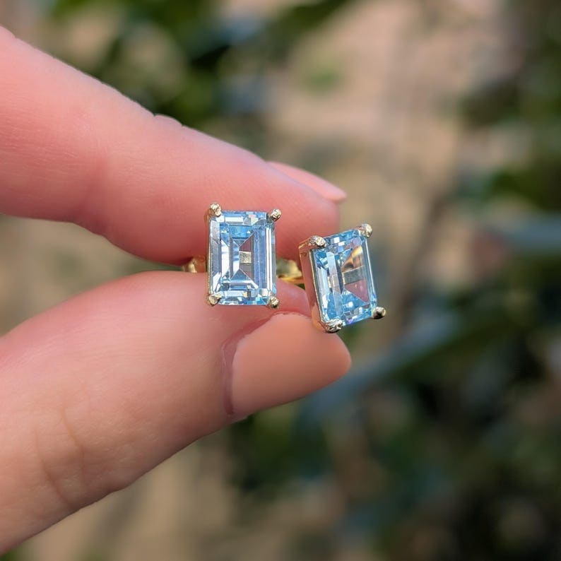 The Audette - Emerald Cut Aquamarine Stud Earrings Earrings Handmade Handcrafted