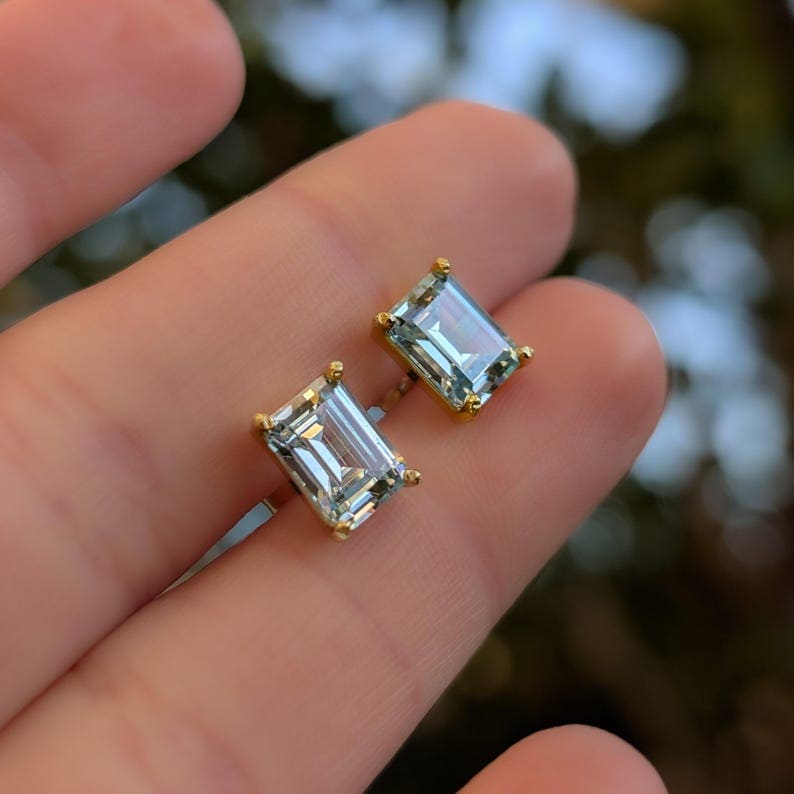 The Audette - Emerald Cut Aquamarine Stud Earrings Earrings Handmade Handcrafted