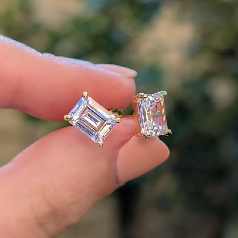 The Audette - Emerald Cut Moissanite Stud Earrings Earrings Handmade Handcrafted