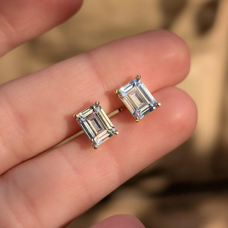 The Audette - Emerald Cut Moissanite Stud Earrings Earrings Handmade Handcrafted