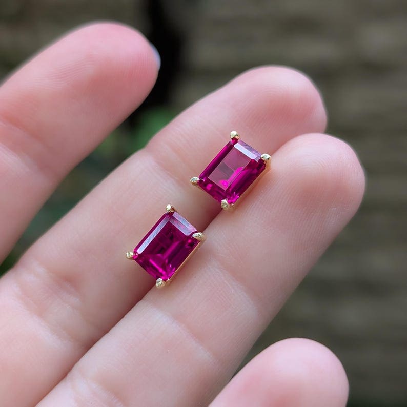 The Audette - Emerald Cut Ruby Stud Earrings Earrings Handmade Handcrafted