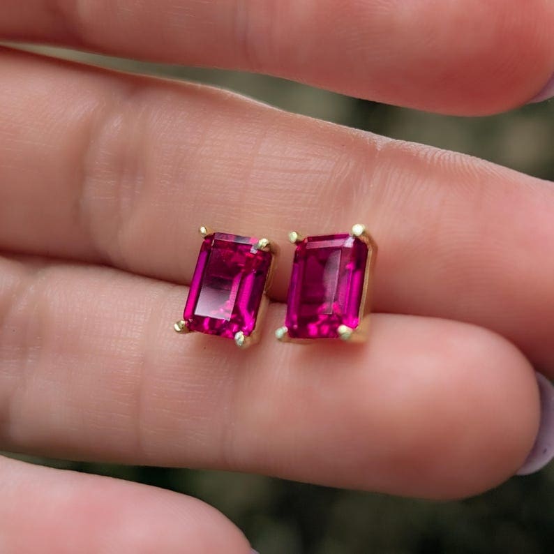 The Audette - Emerald Cut Ruby Stud Earrings Earrings Handmade Handcrafted