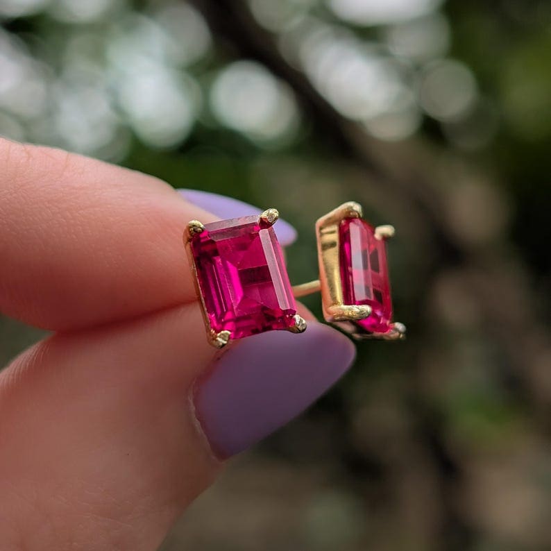 The Audette - Emerald Cut Ruby Stud Earrings Earrings Handmade Handcrafted
