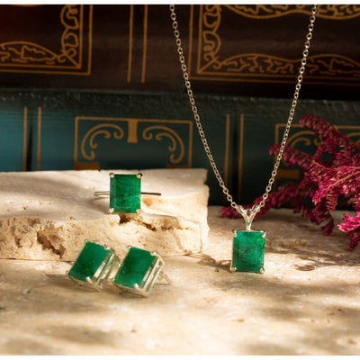 Emerald jewelry set, The Audrey, features natural emerald necklace and earrings