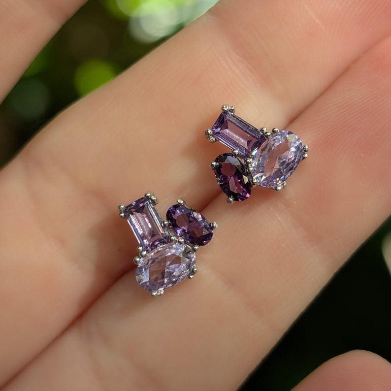 The Elia - Amethyst Small Cluster Studs Earrings Handmade Handcrafted