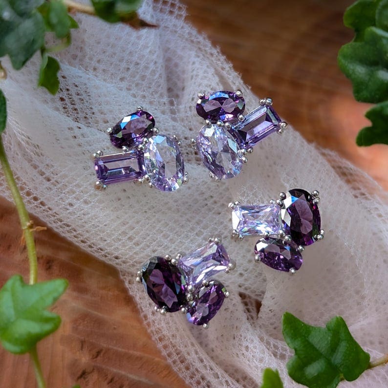 The Elia - Amethyst Small Cluster Studs Earrings Handmade Handcrafted