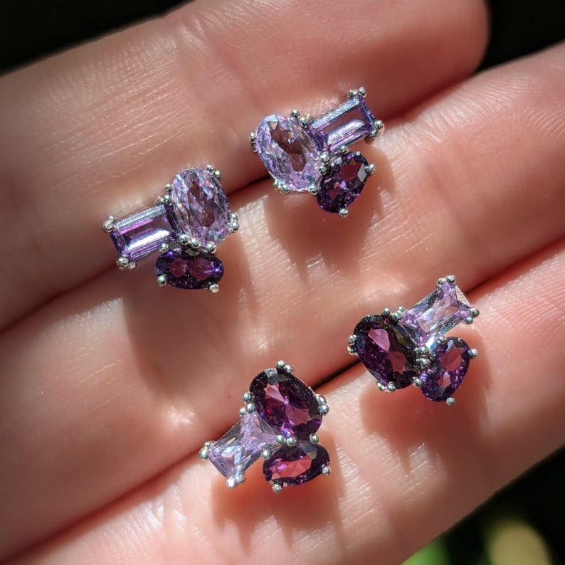 The Elia - Amethyst Small Cluster Studs Earrings Handmade Handcrafted