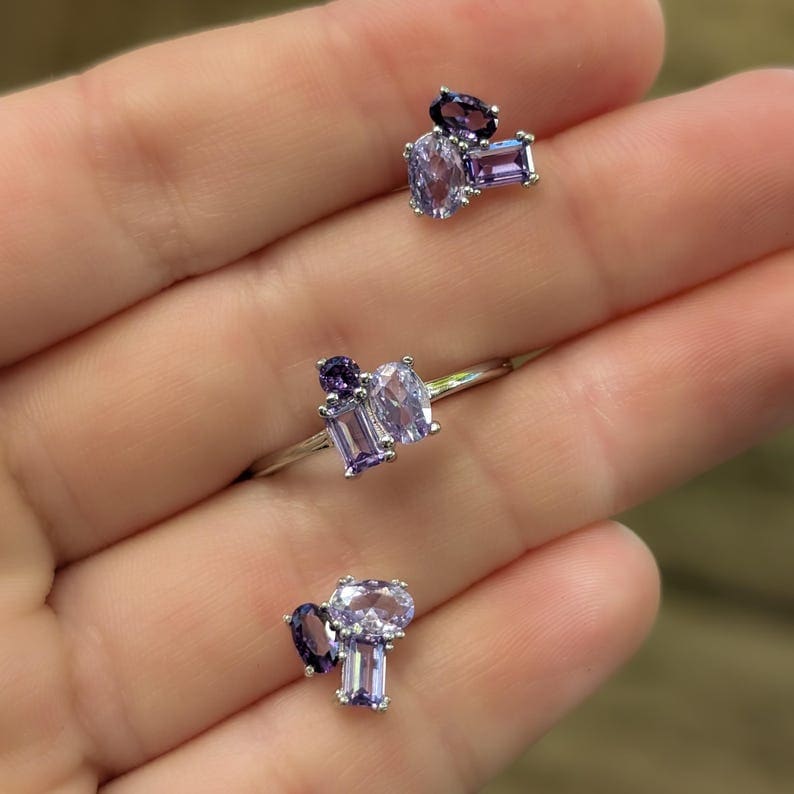 The Elia - Amethyst Small Cluster Studs Earrings Handmade Handcrafted