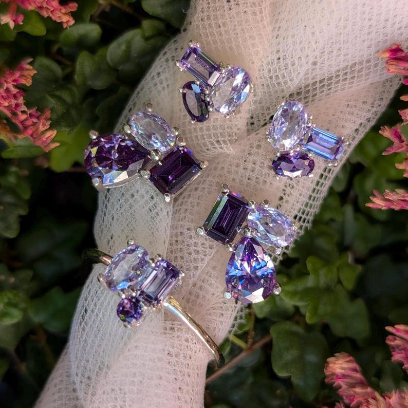 The Elia - Amethyst Small Cluster Studs Earrings Handmade Handcrafted