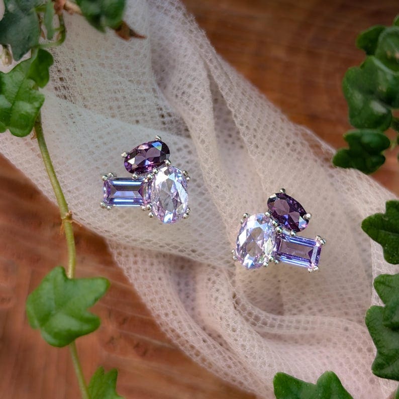 The Elia - Amethyst Small Cluster Studs Earrings Handmade Handcrafted