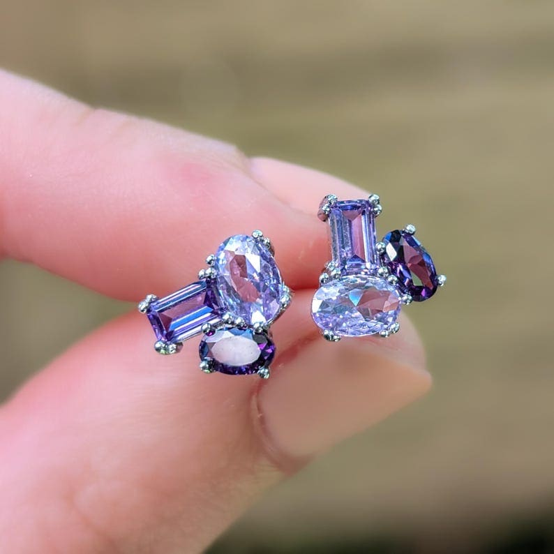 The Elia - Amethyst Small Cluster Studs Earrings Handmade Handcrafted