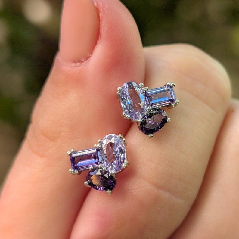 The Elia - Amethyst Small Cluster Studs Earrings Handmade Handcrafted