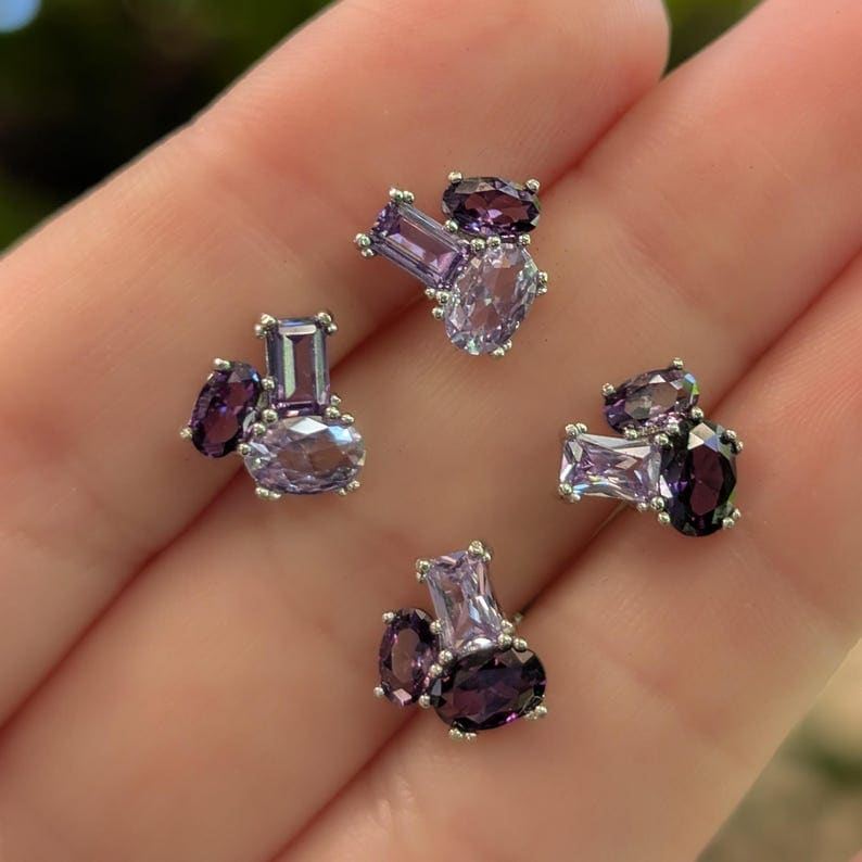 The Elia - Amethyst Small Cluster Studs Earrings Handmade Handcrafted