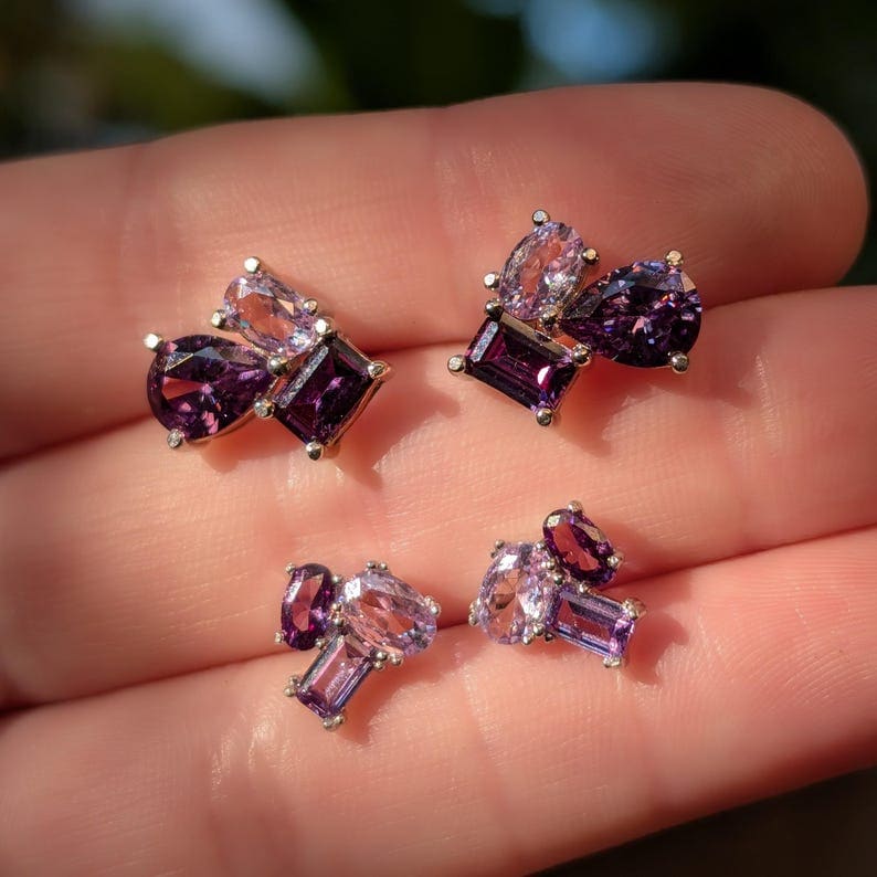 The Elia - Amethyst Small Cluster Studs Earrings Handmade Handcrafted