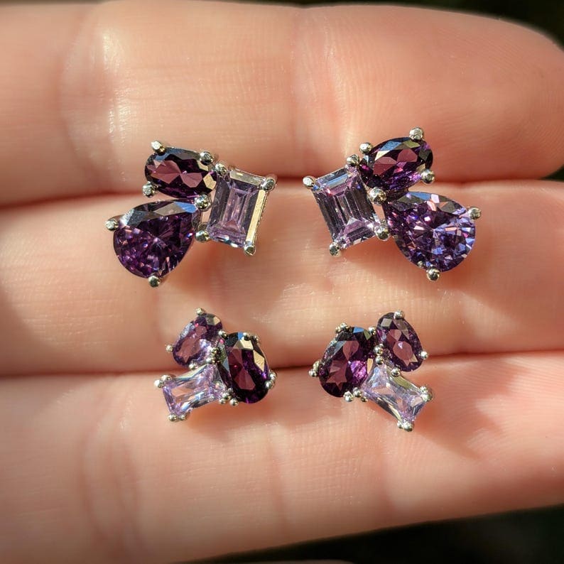 The Elia - Amethyst Small Cluster Studs Earrings Handmade Handcrafted