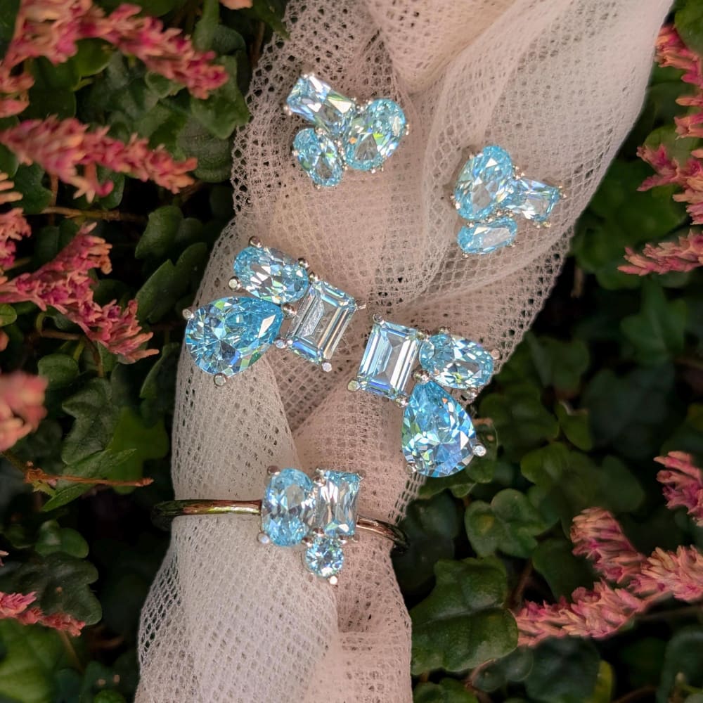 The Elia - Aquamarine Small Cluster Studs Earrings Handmade Handcrafted