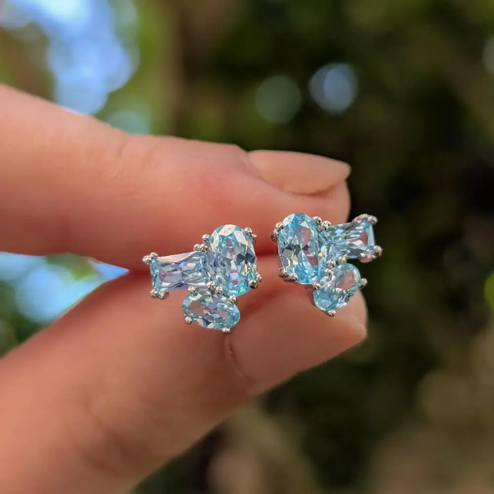 The Elia - Aquamarine Small Cluster Studs Earrings Handmade Handcrafted