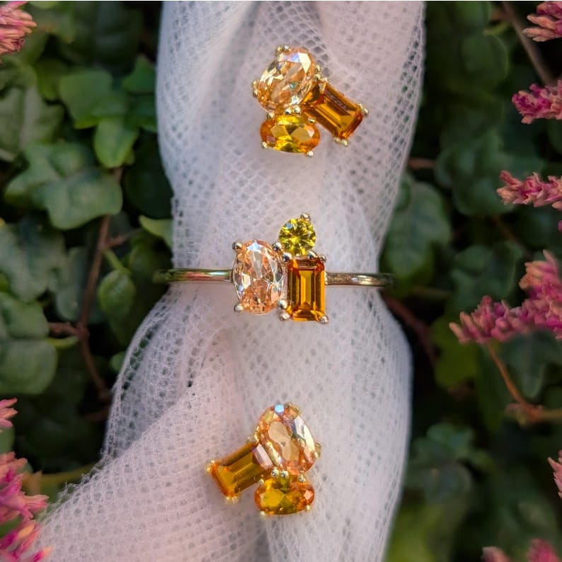 The Elia - Citrine Small Cluster Studs Earrings Handmade Handcrafted