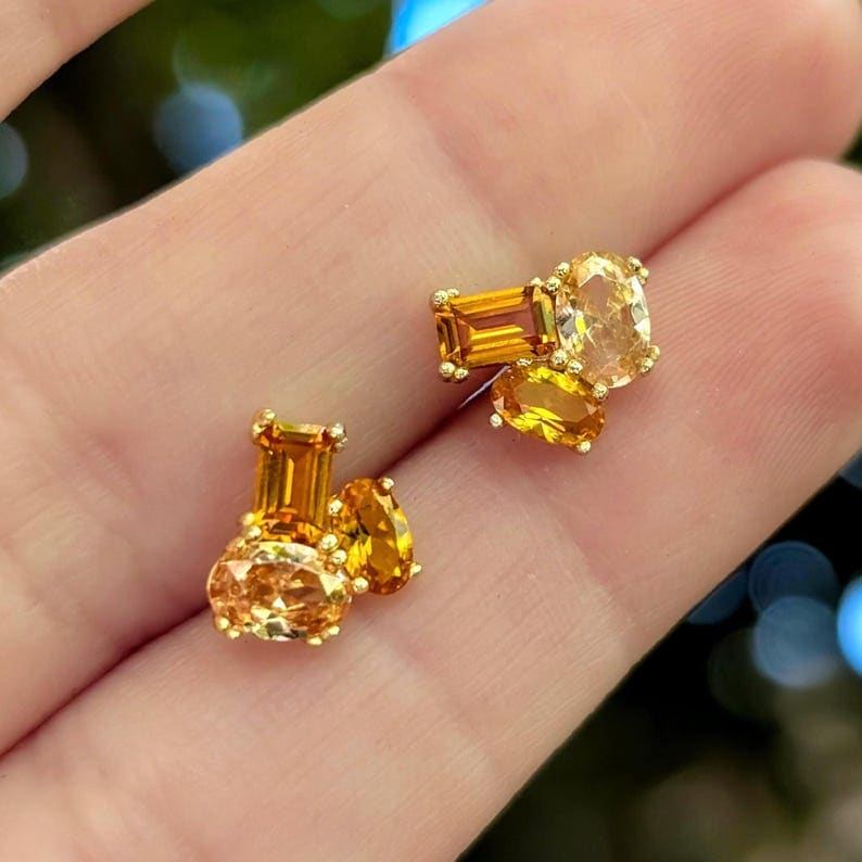 The Elia - Citrine Small Cluster Studs Earrings Handmade Handcrafted