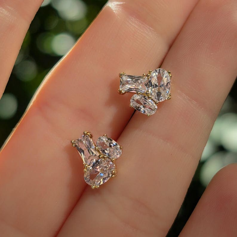The Elia - Clear Quartz Small Cluster Studs Earrings Handmade Handcrafted