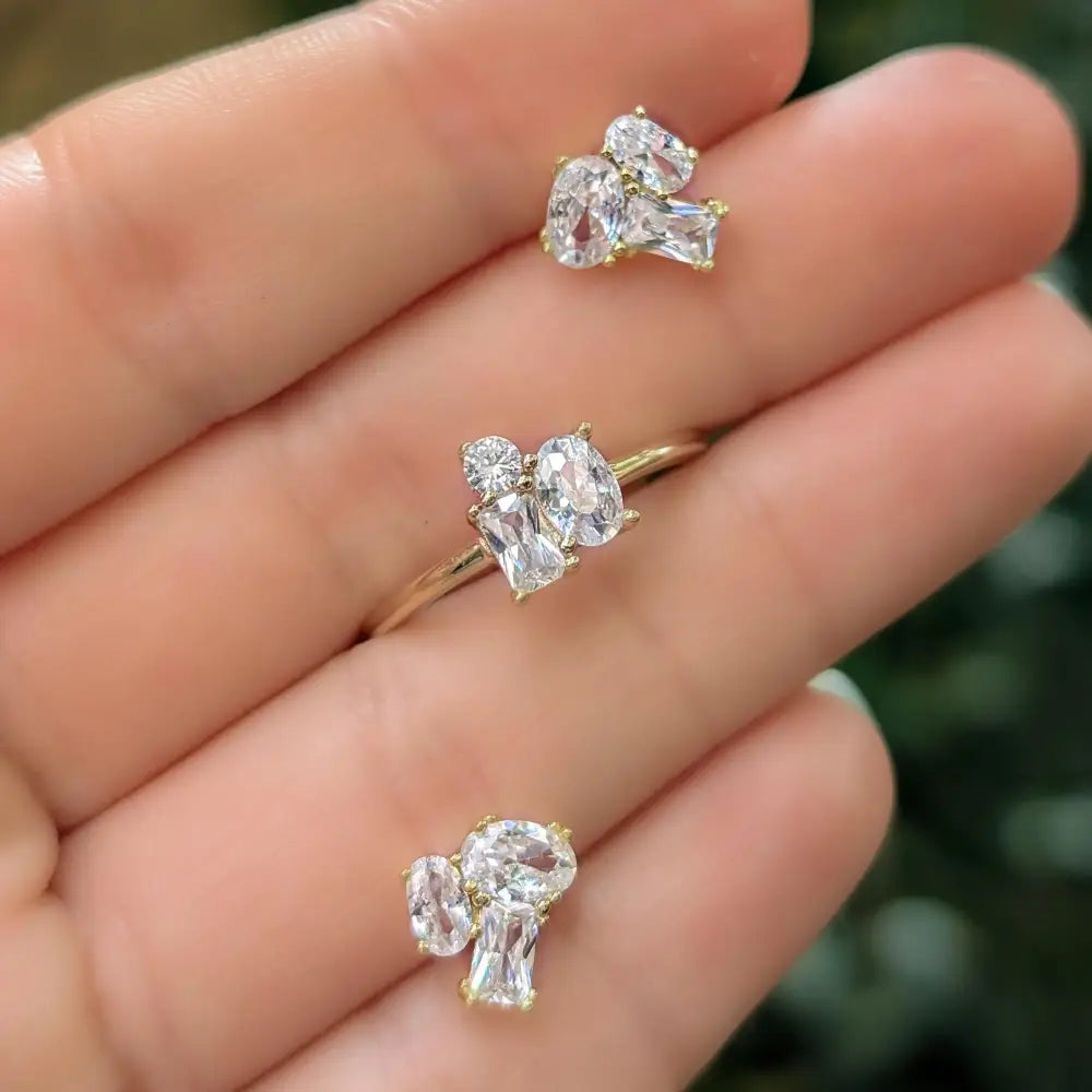 The Elia - Clear Quartz Small Cluster Studs Earrings Handmade Handcrafted