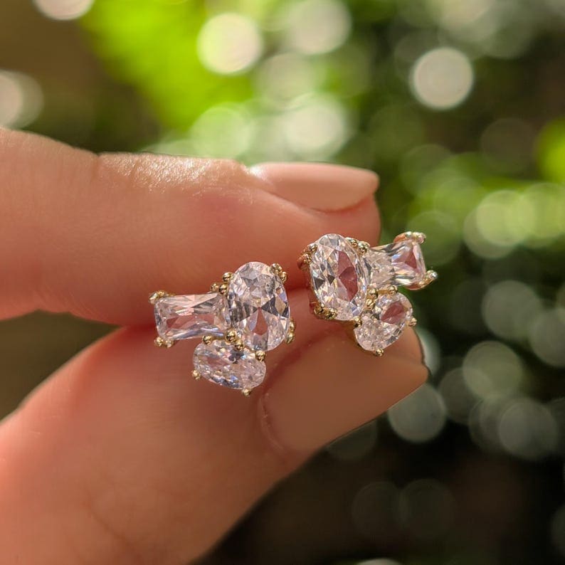 The Elia - Clear Quartz Small Cluster Studs Earrings Handmade Handcrafted