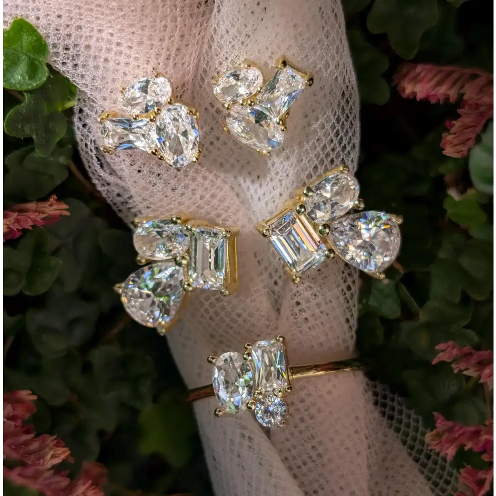 The Elia - Clear Quartz Small Cluster Studs Earrings Handmade Handcrafted