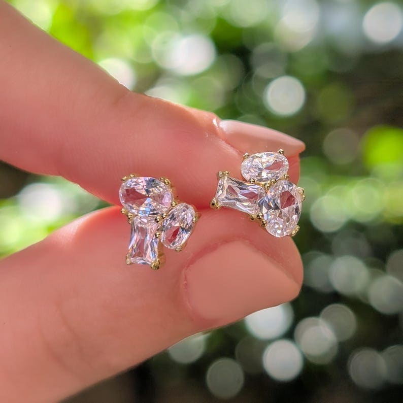 The Elia - Clear Quartz Small Cluster Studs Earrings Handmade Handcrafted