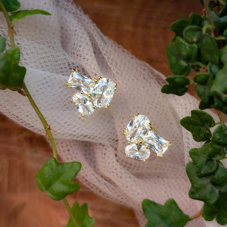 The Elia - Clear Quartz Small Cluster Studs Earrings Handmade Handcrafted