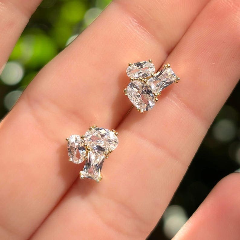 The Elia - Clear Quartz Small Cluster Studs Earrings Handmade Handcrafted