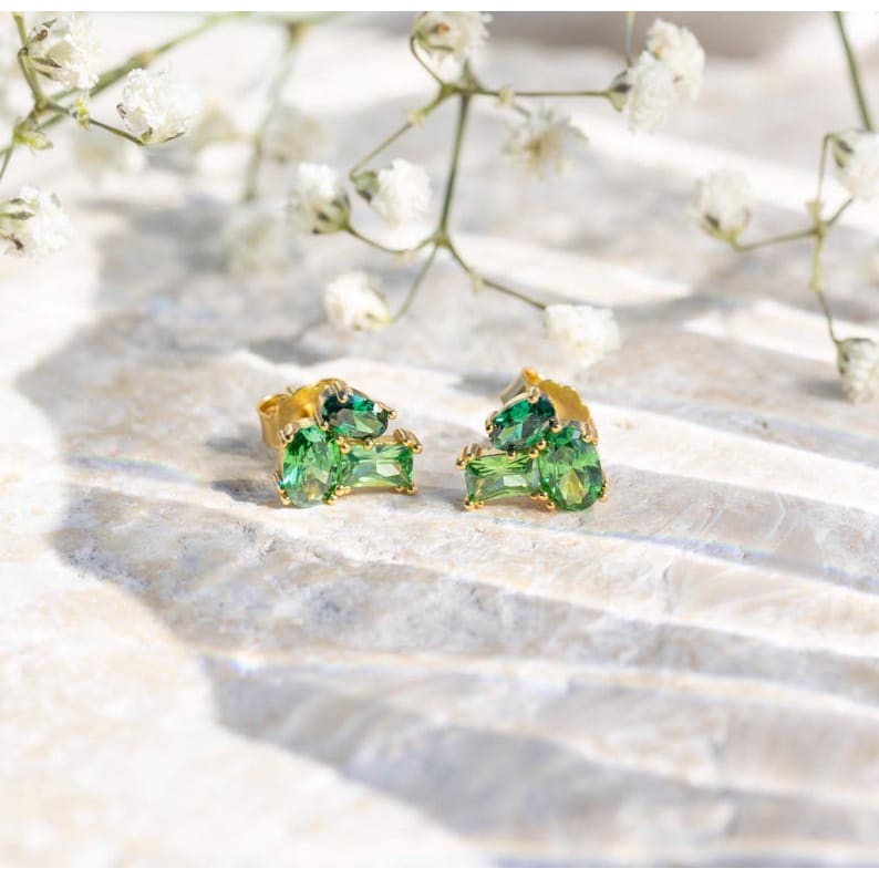 The Elia - Emerald Small Cluster Studs Earrings Handmade Handcrafted