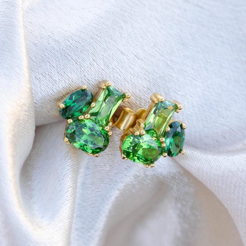 The Elia - Emerald Small Cluster Studs Earrings Handmade Handcrafted