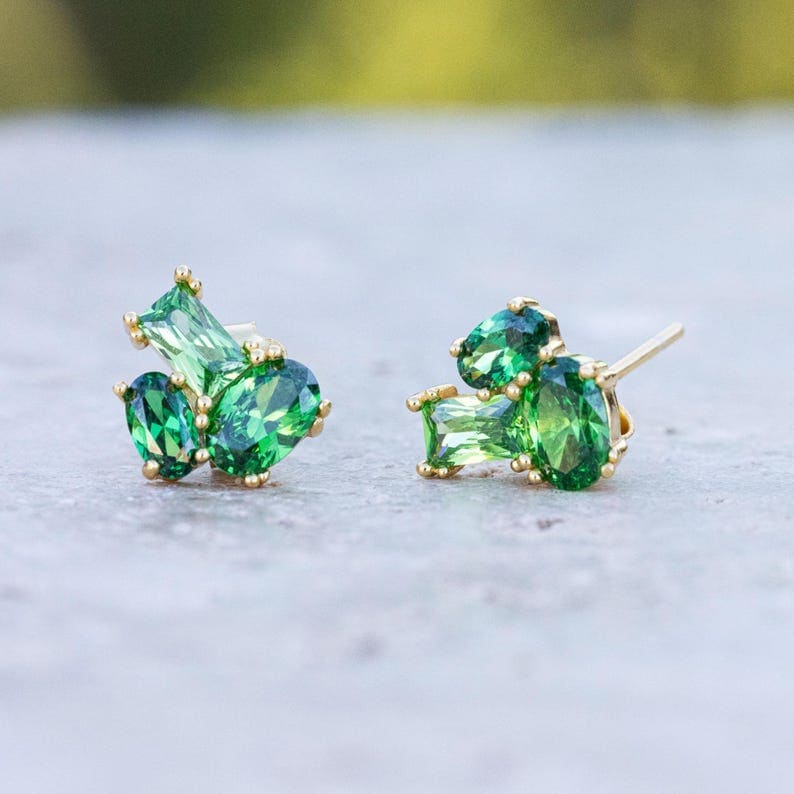 The Elia - Emerald Small Cluster Studs Earrings Handmade Handcrafted