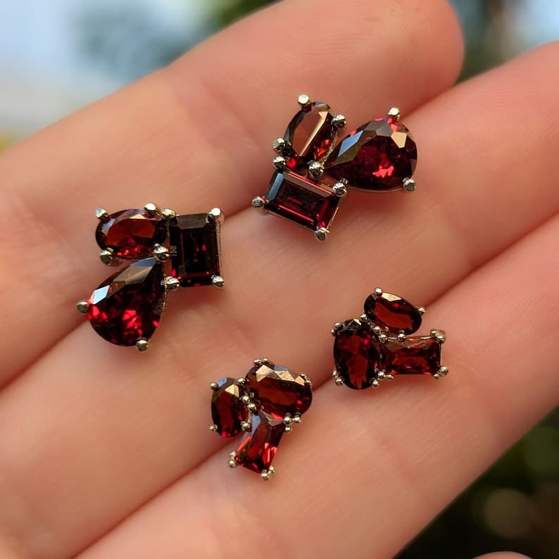 The Elia - Garnet Small Cluster Studs Earrings Handmade Handcrafted