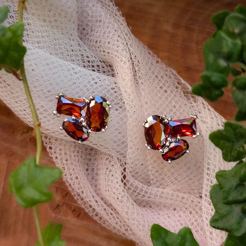 The Elia - Garnet Small Cluster Studs Earrings Handmade Handcrafted