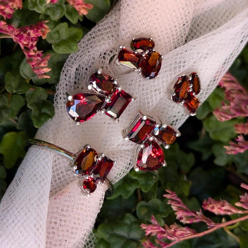 The Elia - Garnet Small Cluster Studs Earrings Handmade Handcrafted