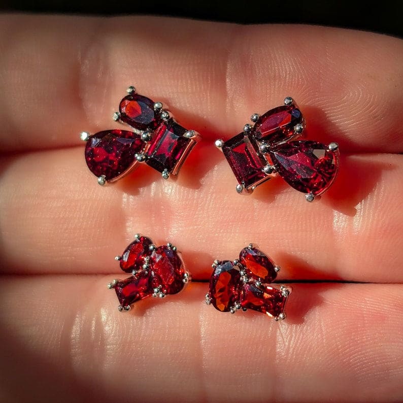 The Elia - Garnet Small Cluster Studs Earrings Handmade Handcrafted