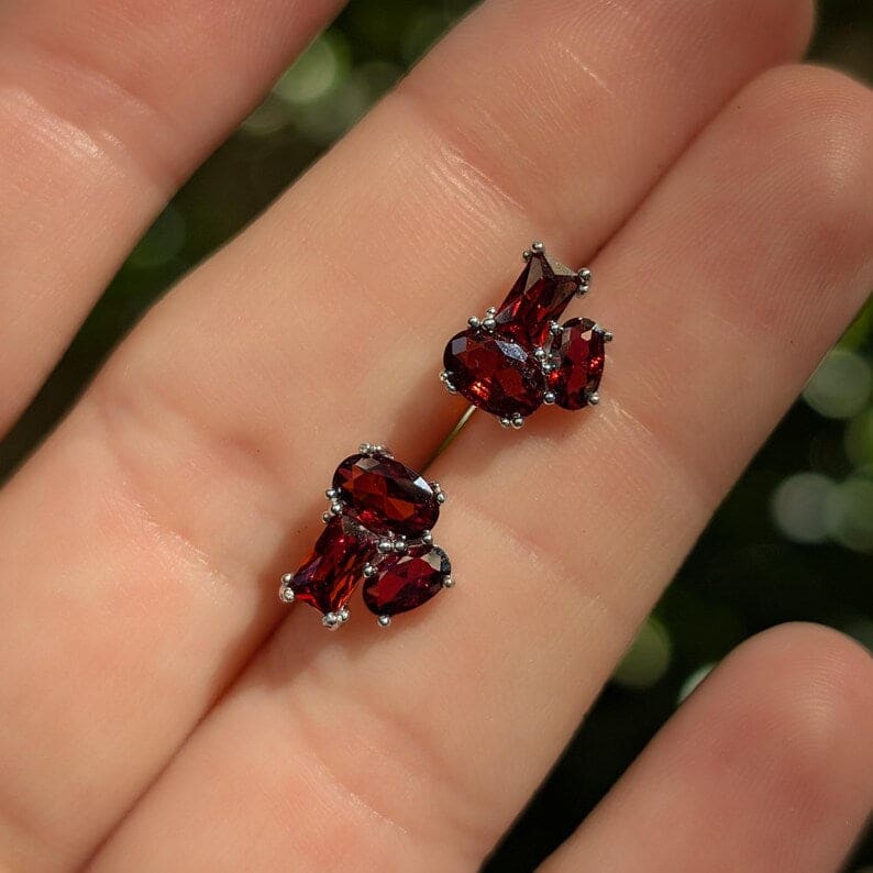The Elia - Garnet Small Cluster Studs Earrings Handmade Handcrafted