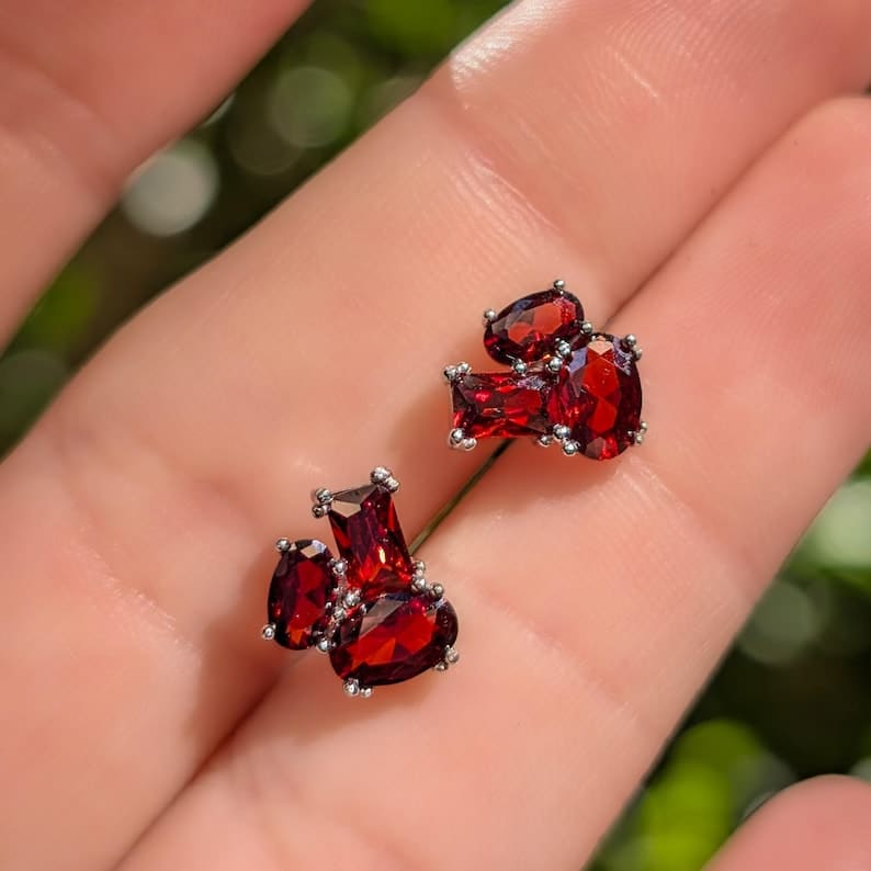 The Elia - Garnet Small Cluster Studs Earrings Handmade Handcrafted