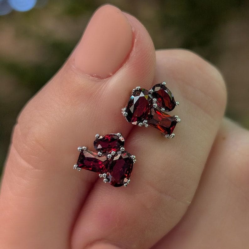 The Elia - Garnet Small Cluster Studs Earrings Handmade Handcrafted