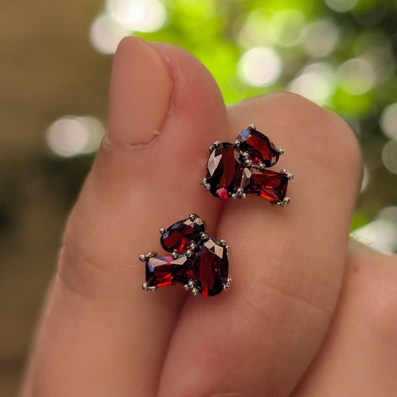 The Elia - Garnet Small Cluster Studs Earrings Handmade Handcrafted