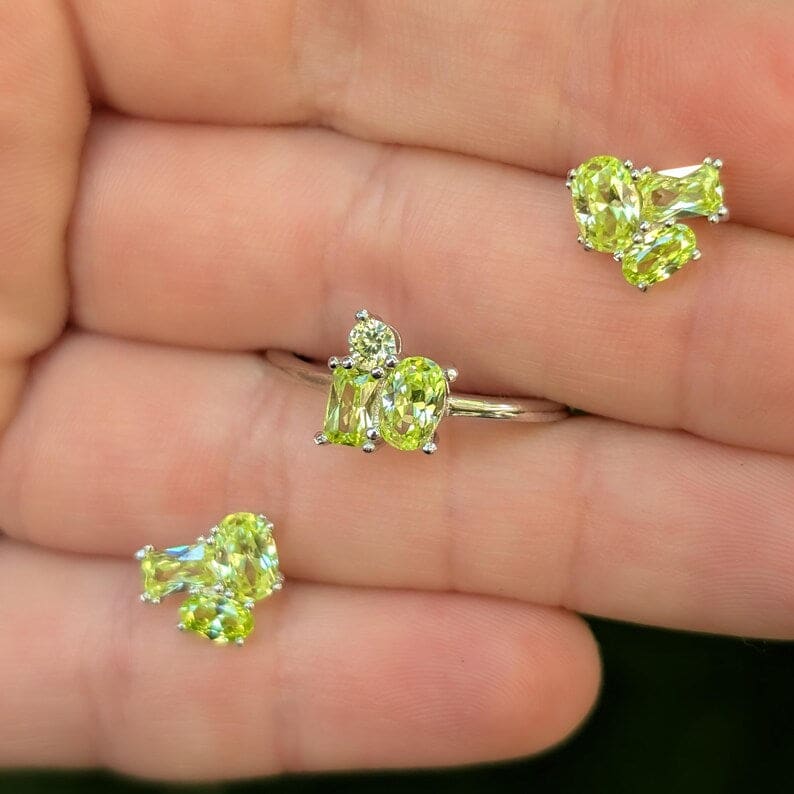 The Elia - Peridot Small Cluster Studs Earrings Handmade Handcrafted