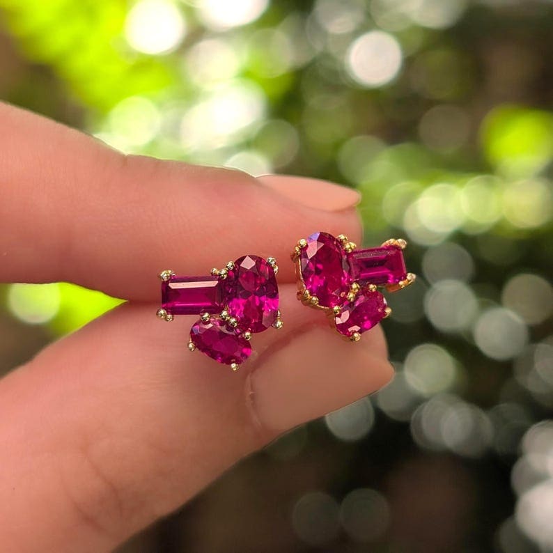 The Elia - Ruby Small Cluster Studs Earrings Handmade Handcrafted