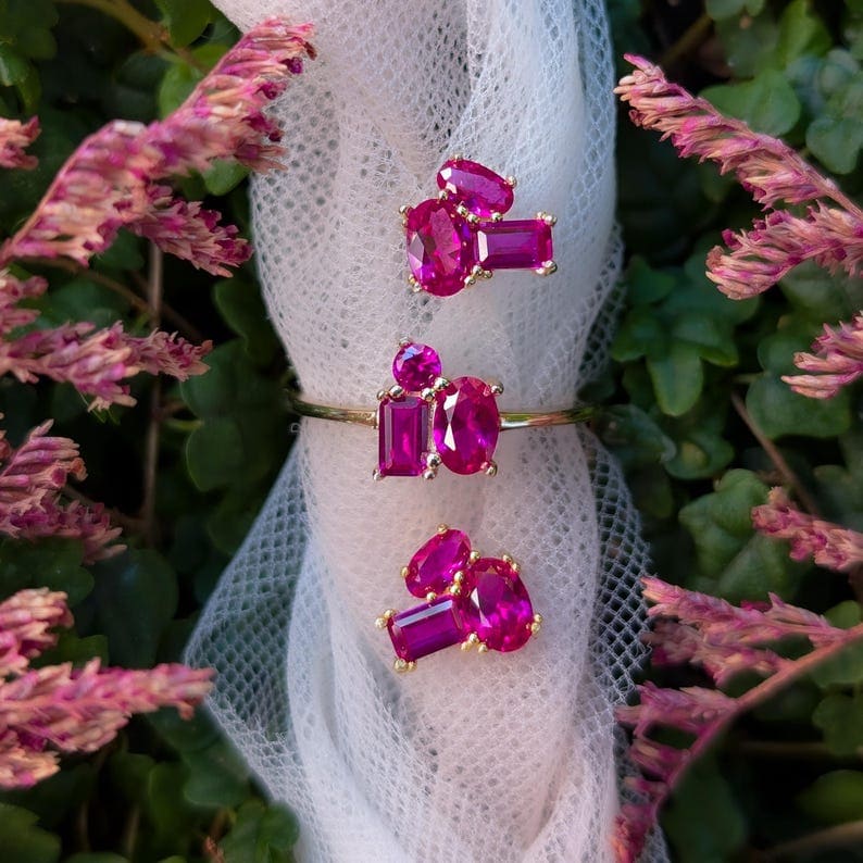 The Elia - Ruby Small Cluster Studs Earrings Handmade Handcrafted