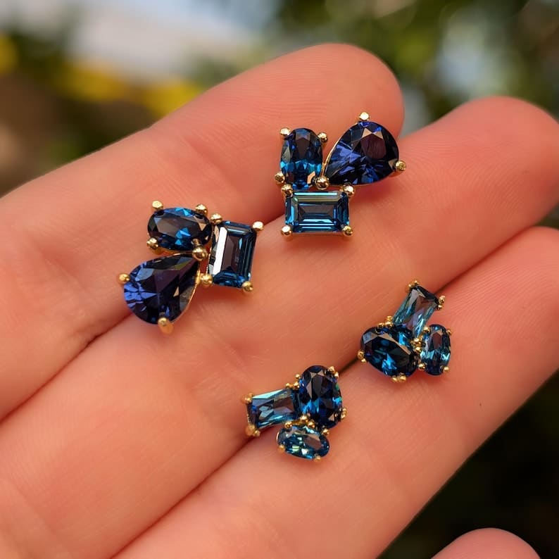 The Elia - Sapphire Small Cluster Studs Earrings Handmade Handcrafted