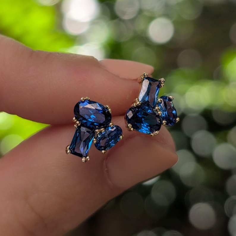 The Elia - Sapphire Small Cluster Studs Earrings Handmade Handcrafted