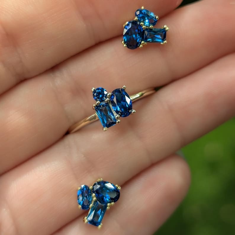 The Elia - Sapphire Small Cluster Studs Earrings Handmade Handcrafted