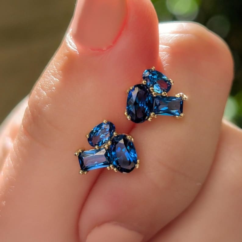 The Elia - Sapphire Small Cluster Studs Earrings Handmade Handcrafted